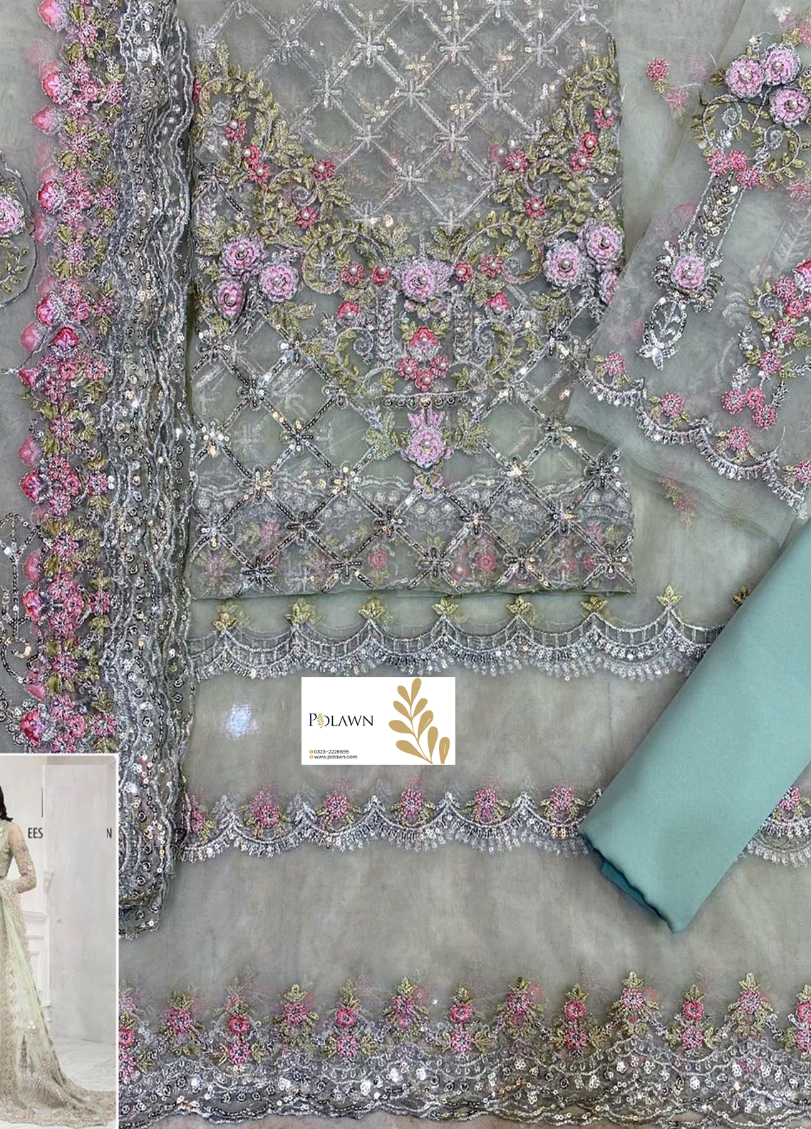 Mint Green Embroidered Unstitched 3 Piece Net Saree MBC-MC-024-Party Wear