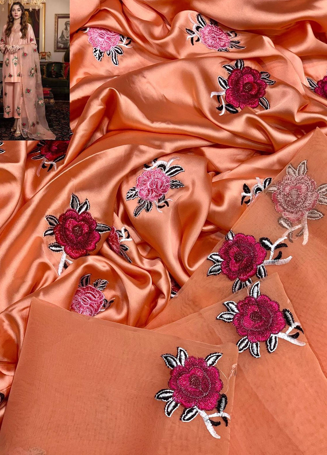 Embroidered Unstitched 3 Piece Silk Suit SILK BOTI-Peach-Party Wear