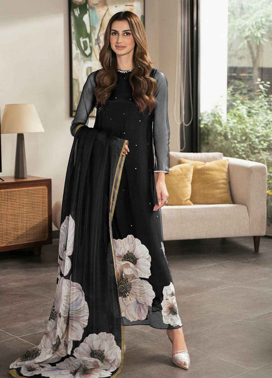 Embroidered Silk 3 Piece Unstitched Suit BLACK-LL-Argil Dress-23 - Party Wear