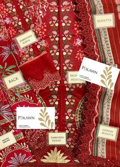 Embroidered Lawn 3 Piece Unstitched Suit MBL-MPT-2514-B-25 - Summer Collection