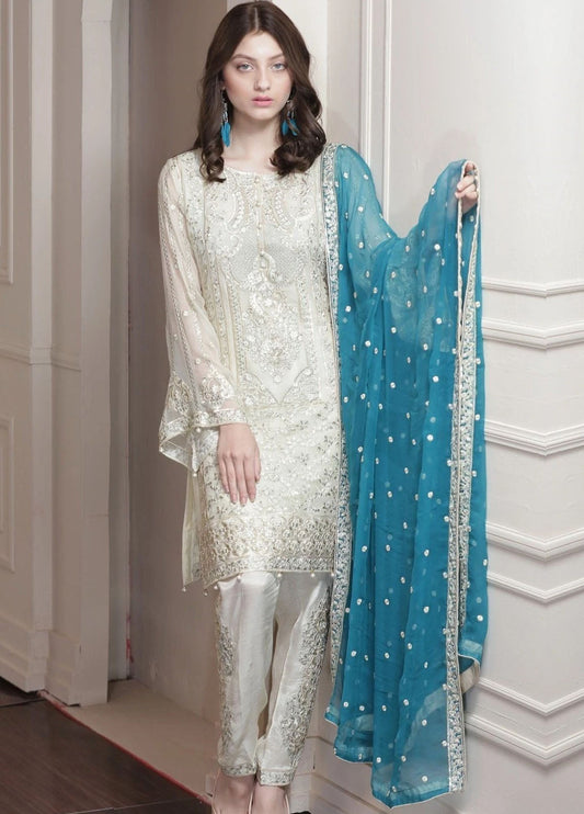White Embroidered Unstitched 3 Piece Chiffon MMC-FMM-01 Party Wear
