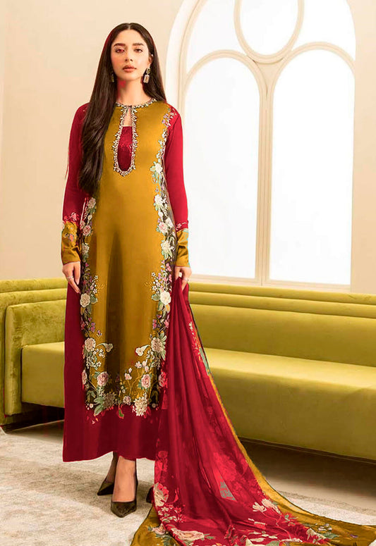 Embroidered Silk 3 Piece Unstitched Suit Golden-LL-Karozit Dress-24 - Party Wear