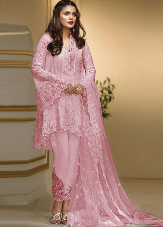 Embroidered Unstitched 3 Piece Net Suit AKCL-D06-CANDY PINK-Party Wear