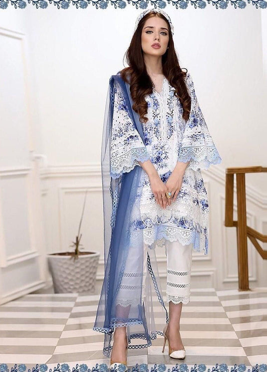 Embroidered  Lawn 3 Piece Unstitched Suit FH-01-BLUE -Summer Collection