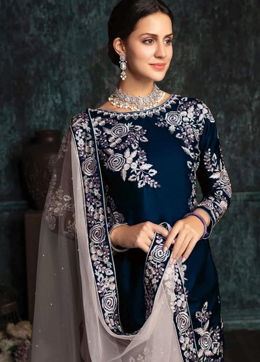 Embroidered Unstitched 3 Piece Net Suit Lashkaraa Silk-N. Blue -Party Wear